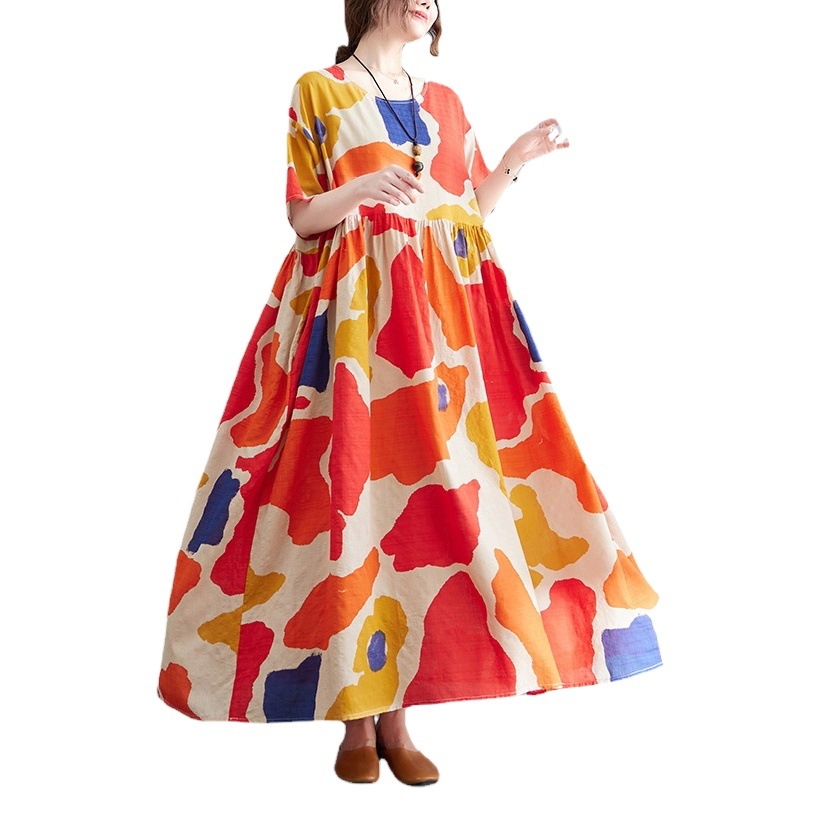 Picture of Artistic plus size chubby girl plus size printed dress summer long dress round neck loose slimming large swing skirt women's clothing