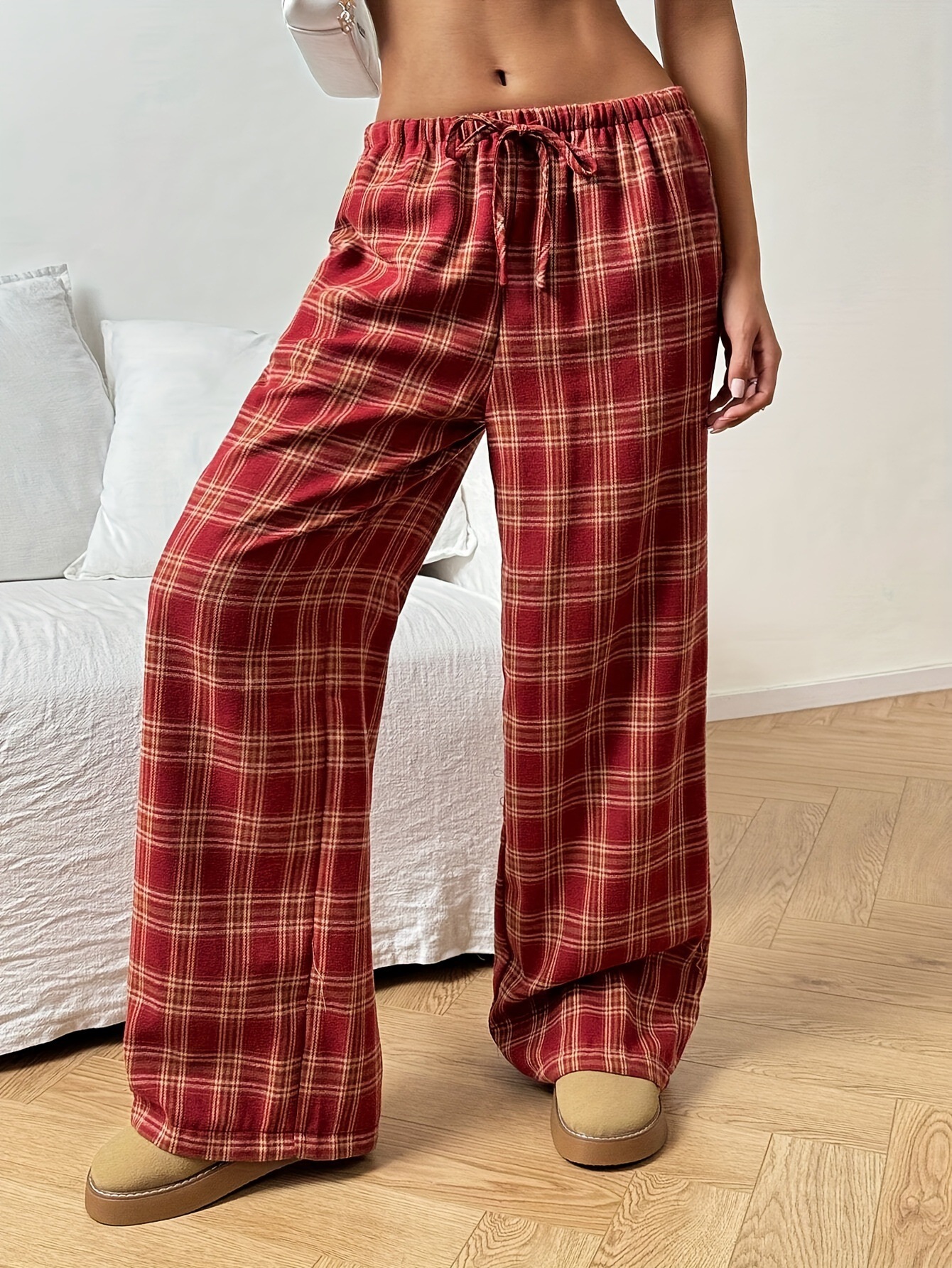 Cross-border Amazon Europe and the United States supply fashion casual comfortable loose straight drawstring plaid trousers women's high waist