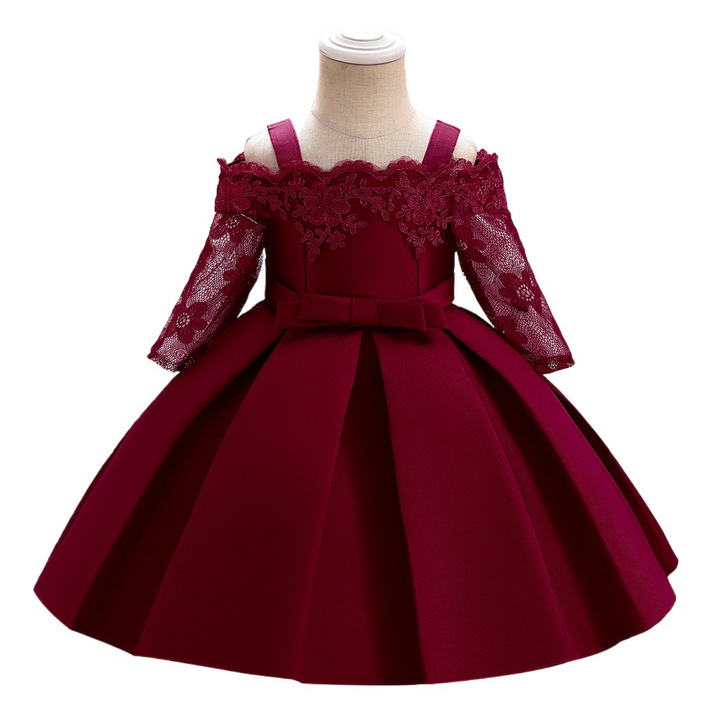2024 New Girls Dress Suspender One Shoulder Lace Three Quarter Sleeve Forged Fabric Princess Dress Baby One-Year-Old Dress