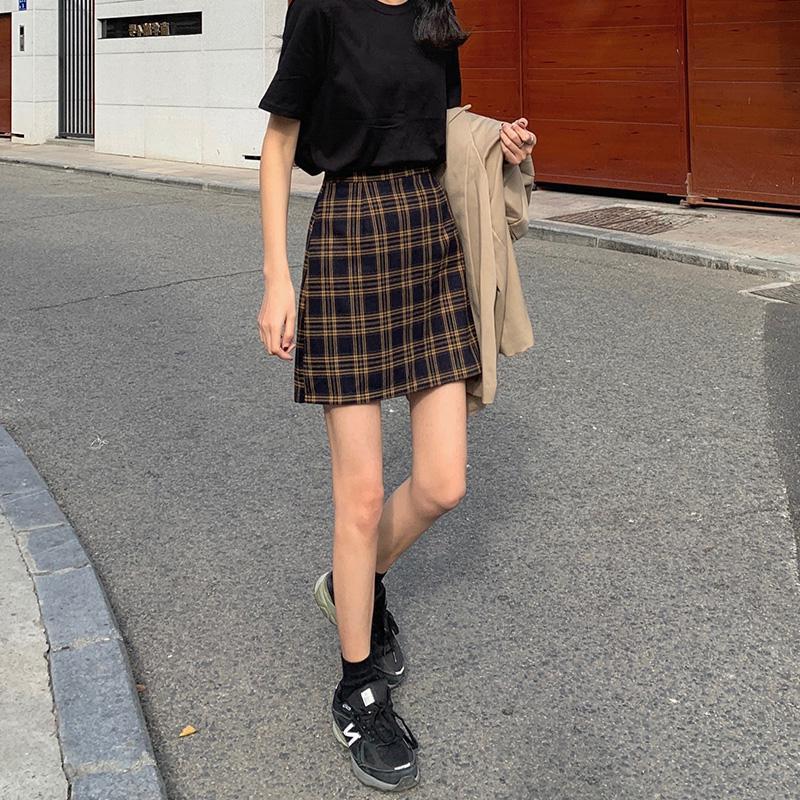 Slightly Fat Plaid Short Skirt for Women SuMMer Large Size High Waist Casual Fat Mm Anti-exposure SliMMing Look Hip-covering A-line Skirt