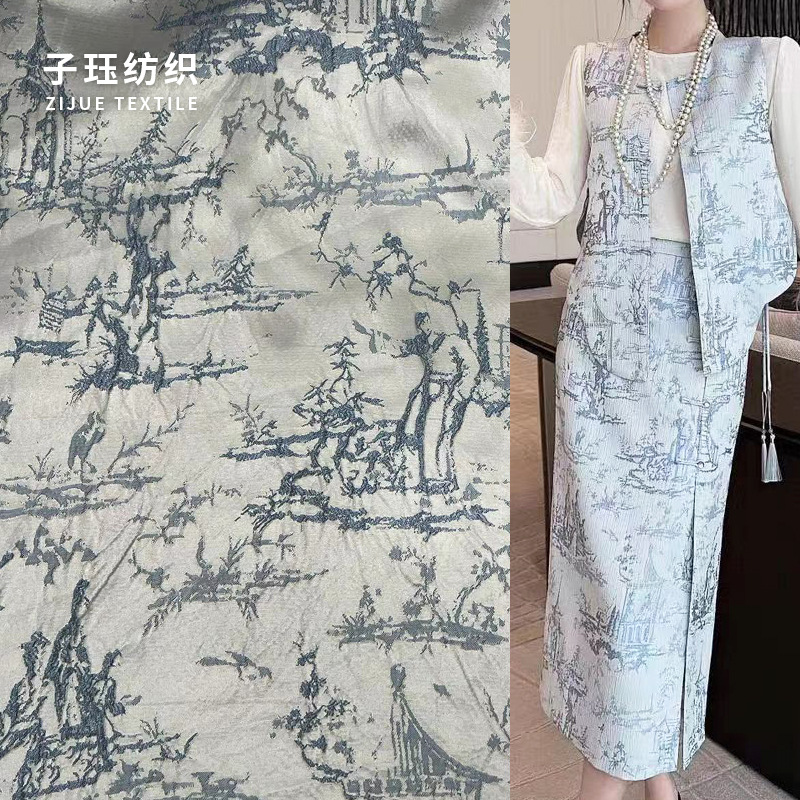 New Chinese style Chinese style vest dress coat fabric vintage blue thousand Li Jiangshan strand jacquard fabric