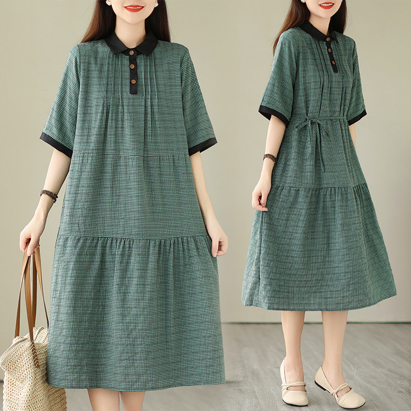 Artistic Plus Size polo Collar Plaid Cotton and Hemp Skirt Women's Summer Chubby Girl Belly-Covering Slimming Casual Age-Reducing Dress