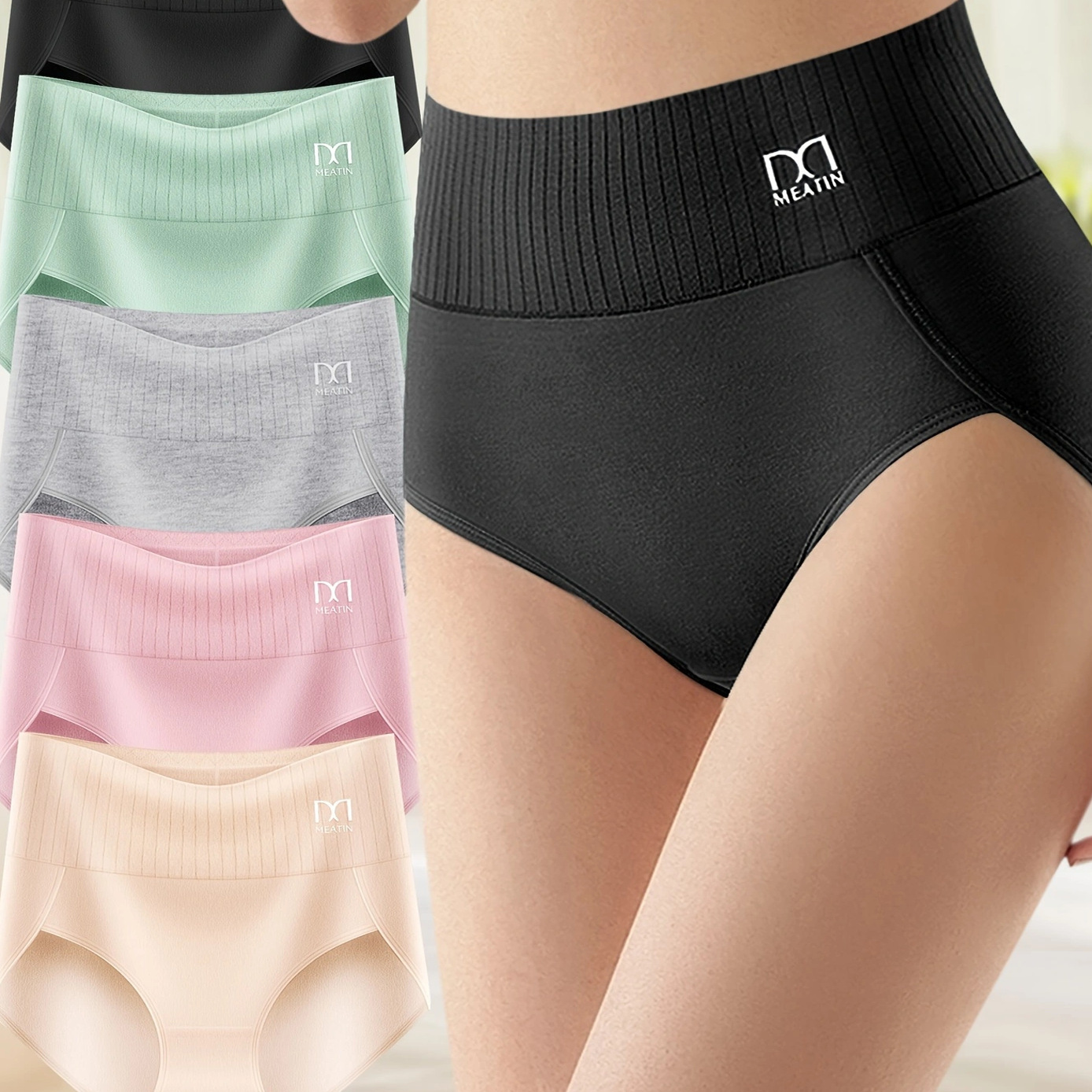 [Overseas Warehouse Dropshipping] American Local Spot High-Waisted Women's Underwear Pure Color Triangle Belly-Control High-Waist Underwear Temu