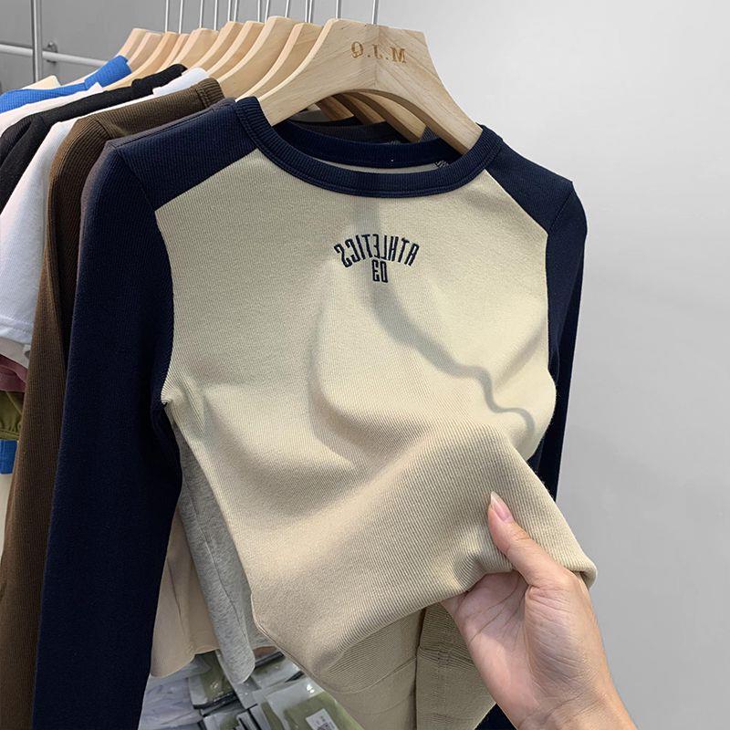 European Crewneck Stitching Long-sleeved T-shirt Women's Spring New Contrast Color Slim-fit Base Shirt Inner Slim-fit Top Trendy