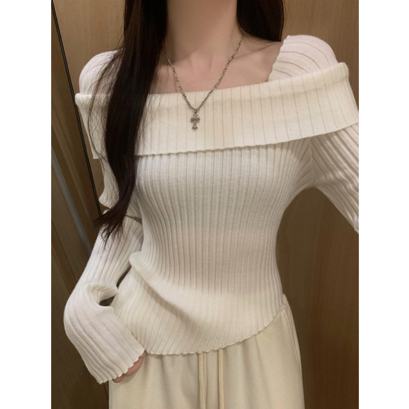 Women's off-shoulder irregular sweater 2024 autumn and winter new red close-fitting short bottoming sweater top tight