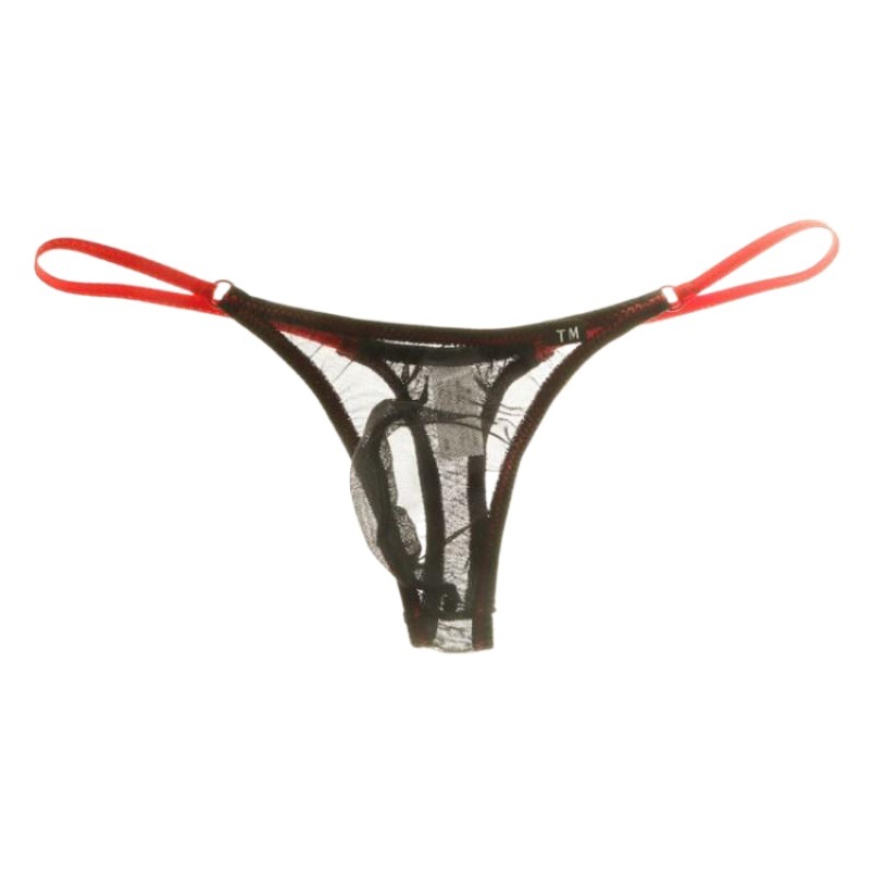 Picture of 2020 new mesh men's thong snow bright elastic transparent men's sexy low waist color matching t pants