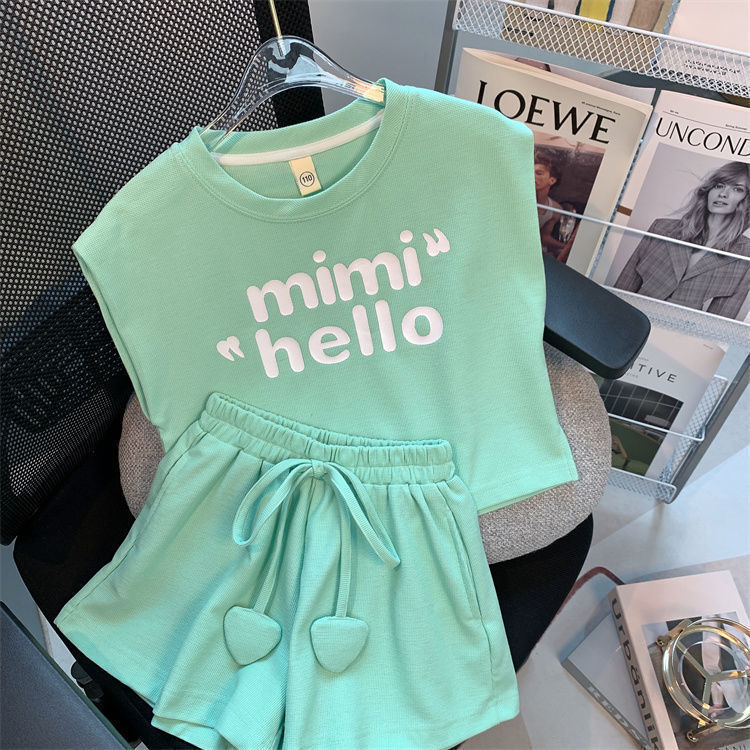 Girls Summer Sports Suit 2024 New Fashionable and Stylish Korean Style Sleeveless Wide-Leg Shorts Two-Piece Set for Middle-Aged and Older Children