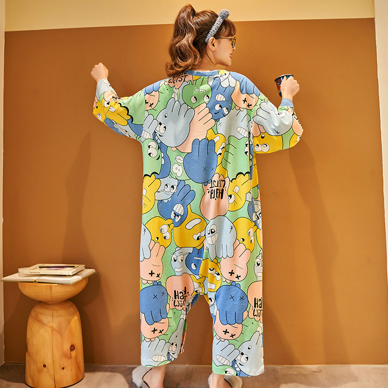 Puning pajamas manufacturers conjoined cotton pajamas women's spring and autumn loose fat MM cartoon home clothes printed round neck nightgown