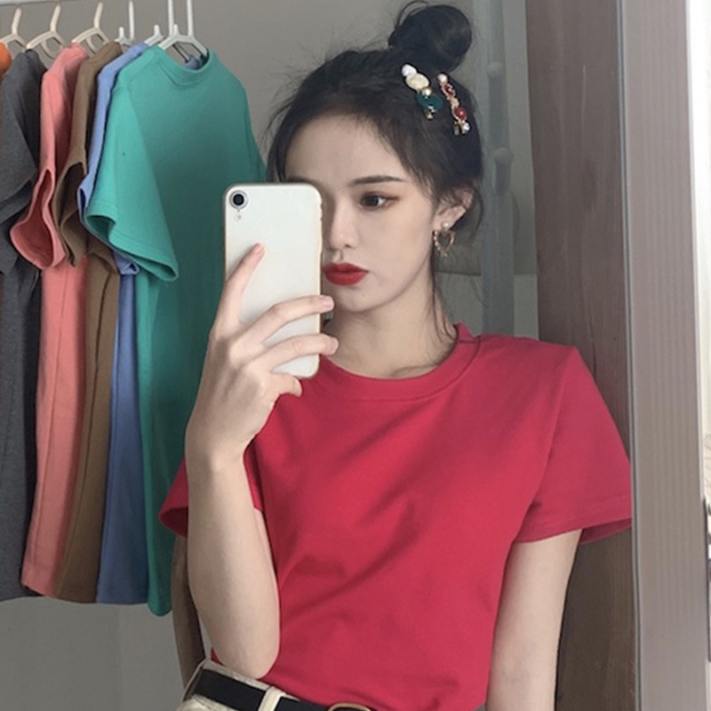 Picture of Candy Color Korean Style Round Neck Top for Women 2025 Loose and Versatile Bottoming Shirt Summer Cross-Border Short-Sleeved T-Shirt for Women Carefully Selected