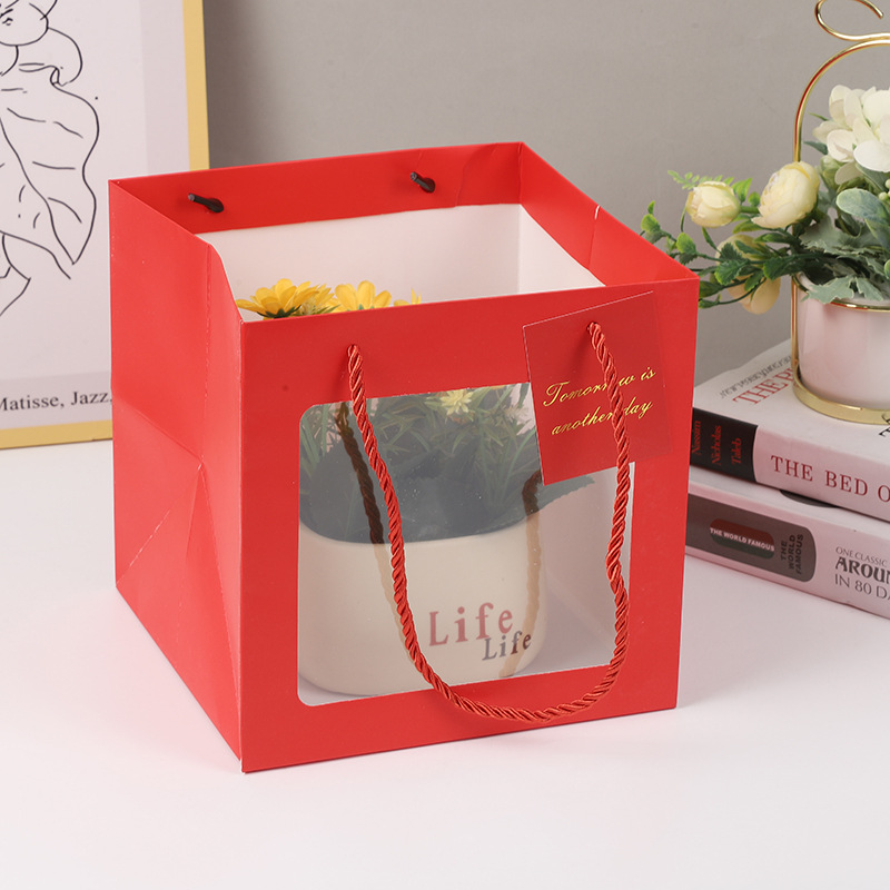 Red Gift Bag Large Gift Bag Thickened Square Transparent Packaging Bag Flower Baking Handbag Gift Bag