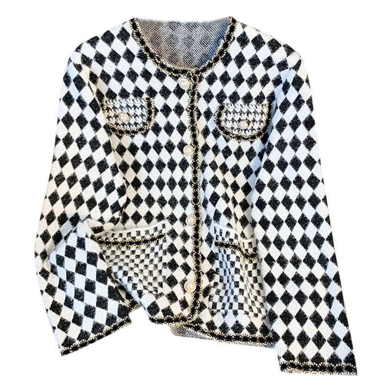 Autumn and Winter New French Style Rhombic Knitted Cardigan Women's Design Sense Chanel Style Sweater Coat