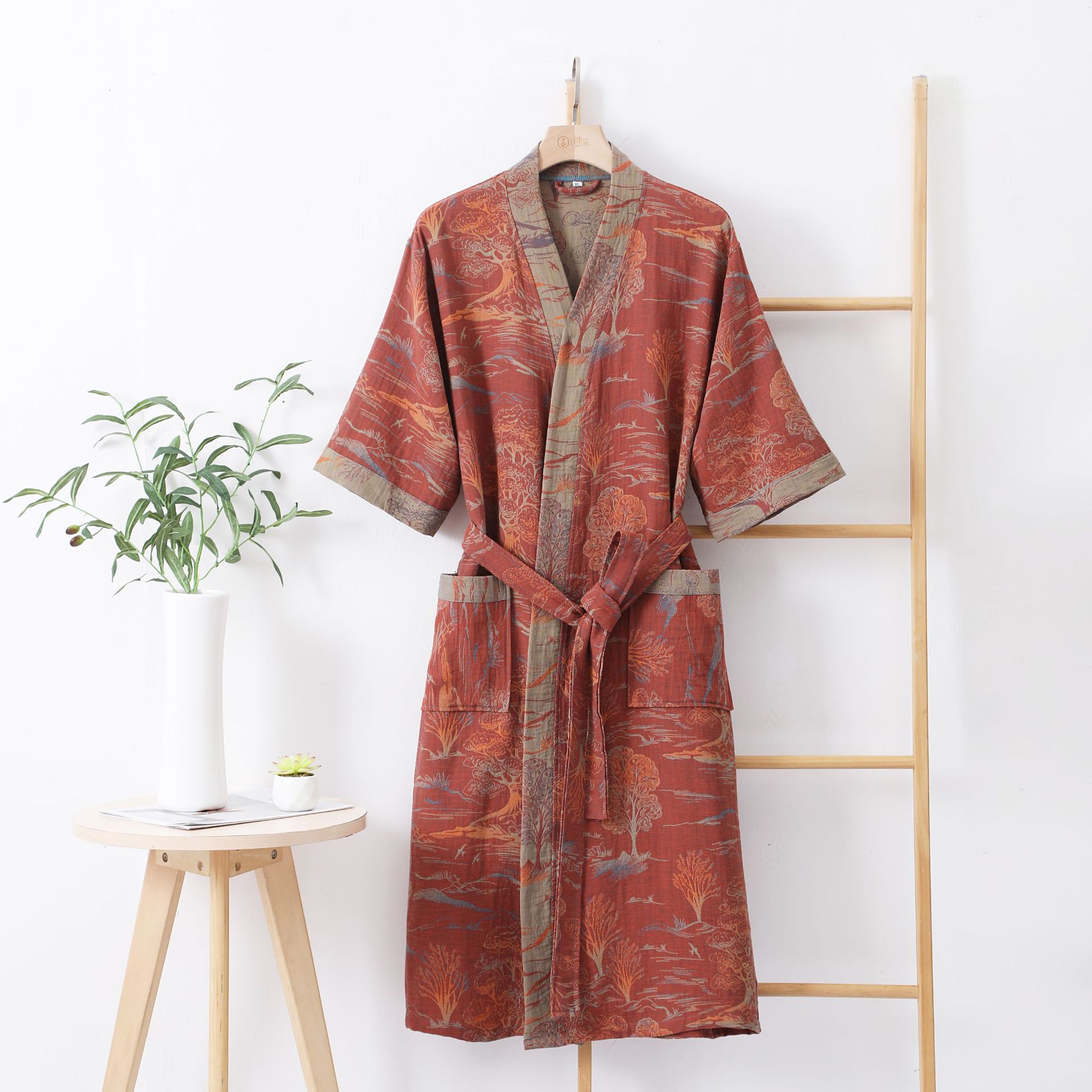 Picture of Pure Cotton Double Gauze Bathrobe Class A Thin Pajamas for Spring and Summer Home Clothes Nightgown Couple's Water Absorbent Quick-drying Bathrobe
