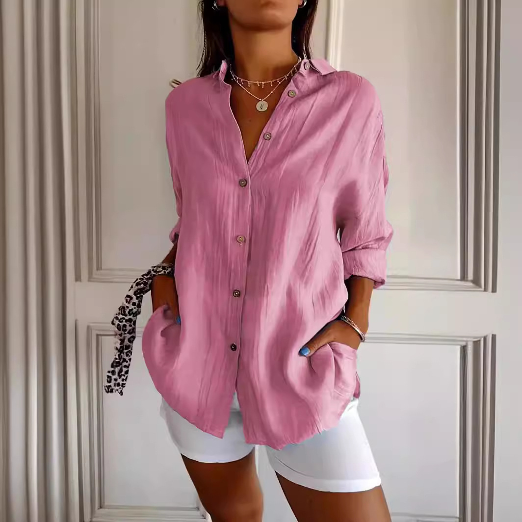 2024 New Single-breasted Pleated Lapel Shirt Independent Station Explosions Women's Solid Color European and American Sleeve Top