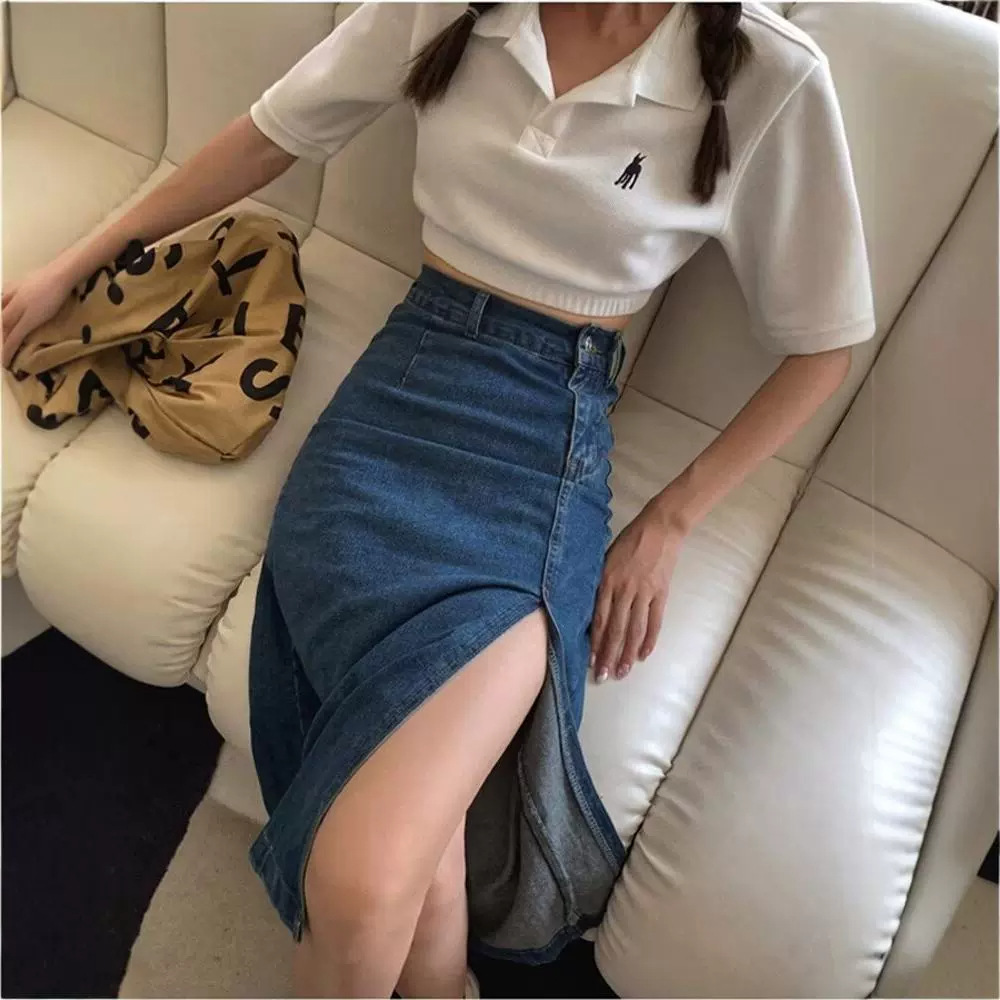 Picture of Denim Skirt Women's 2025 Fashion New Slim One-Step Hip Skirt Slit Mid-Length High Waist Large Size Long Skirt