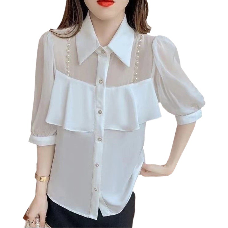 2024 Spring New Style Three-Quarter Sleeve Polo Collar Pearl Shirt Design Niche Age-Reducing Versatile Puff Sleeve Cardigan