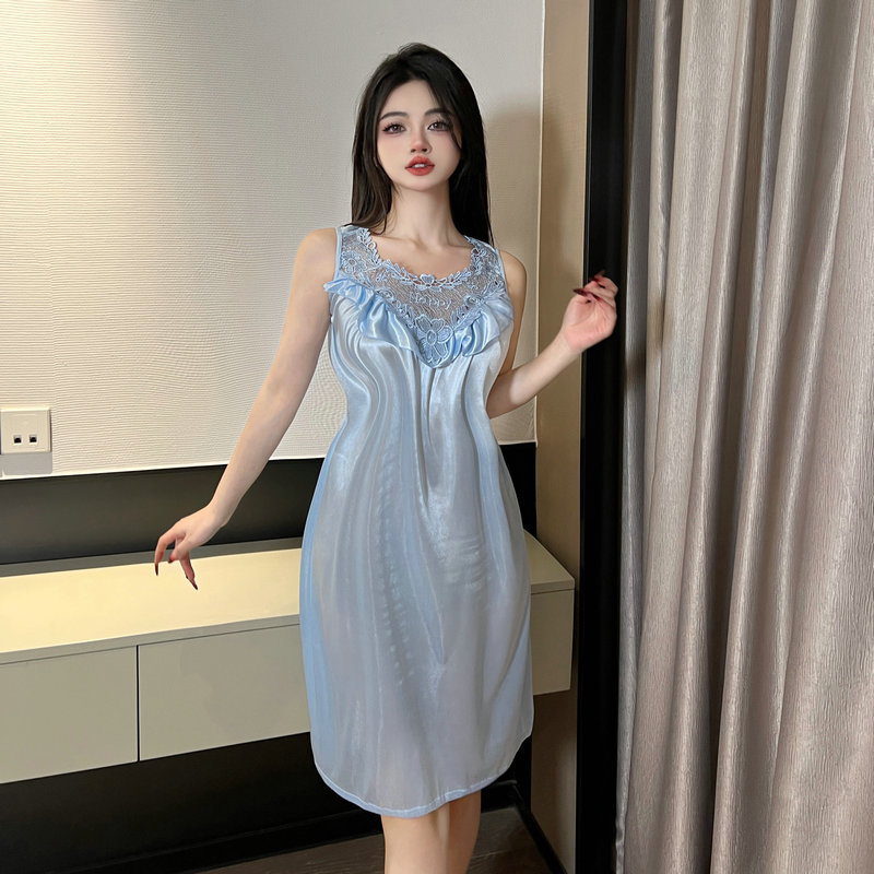 Sexy Nightgown Women's Thin Solid Color Mid-length Sling Nightgown Passion Temptation Round Neck Pure Desire Style Home Clothes 4002