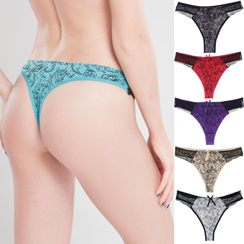 Foreign Trade Cross-border Women's Lace Printed G-string Underwear Sexy Solid Color Low Waist T-Back