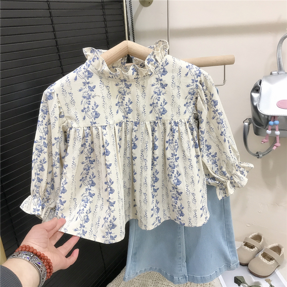 Picture of South Korea Children's Wear Girls' Floral Shirt Top New Children's Denim Flared Pants Baby Girl Shirt Spring and Autumn