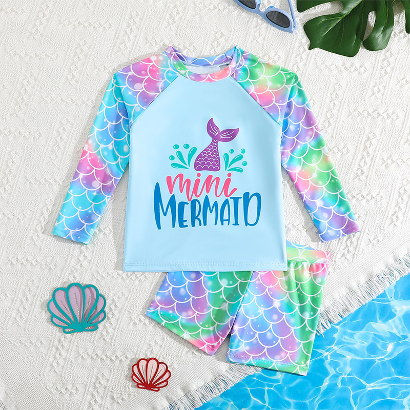 Amazon Cross Border Printed Long Sleeve Children Swimwear Hot Spring Vacation Cartoon Cute Baby Bikini Girl Swimwear