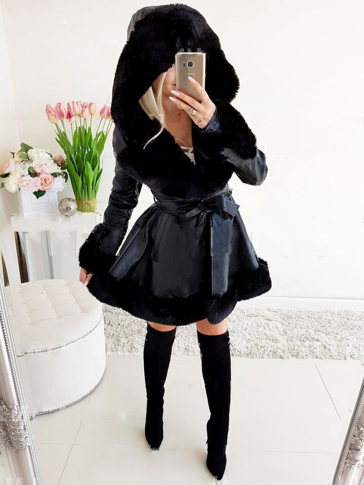 Picture of Popular winter coat small fragrant style short rough edge hooded fur stitching A- type coat winter fashion