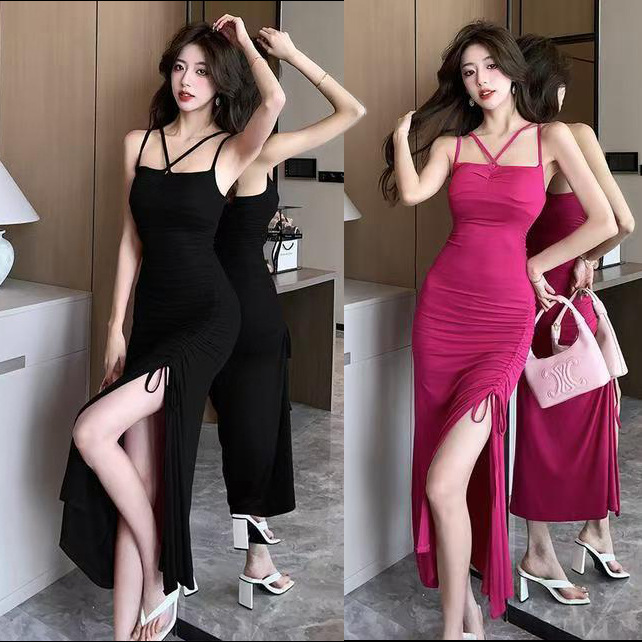 Sexy Peach Chest Pad Sling Dress French Ruffle High-end Socialite Elegant Slim-fit Hip Slim-fit dress