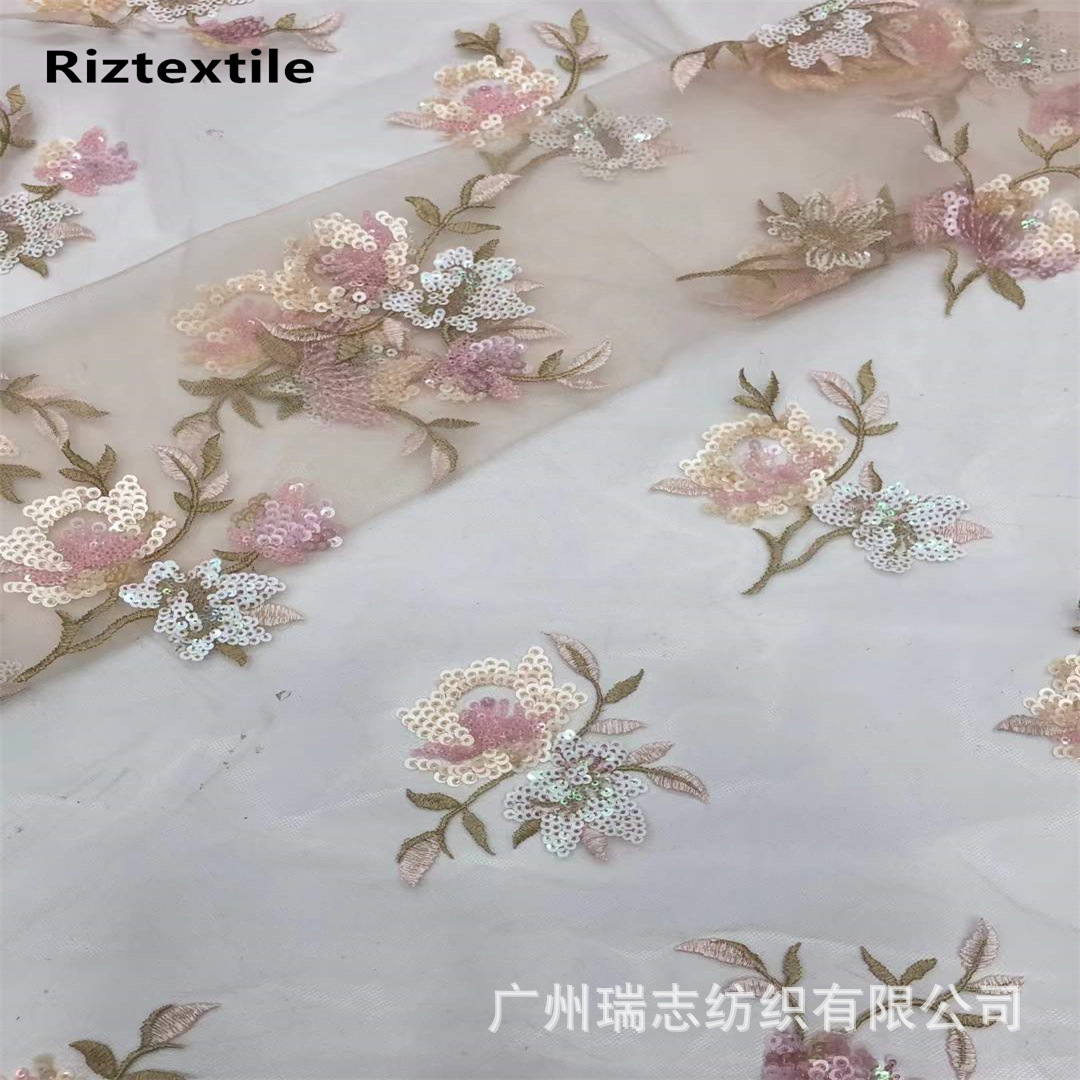 in stock wholesale candy color sequins fabric fashion beads embroidery flowers kids dress mesh lace fabric