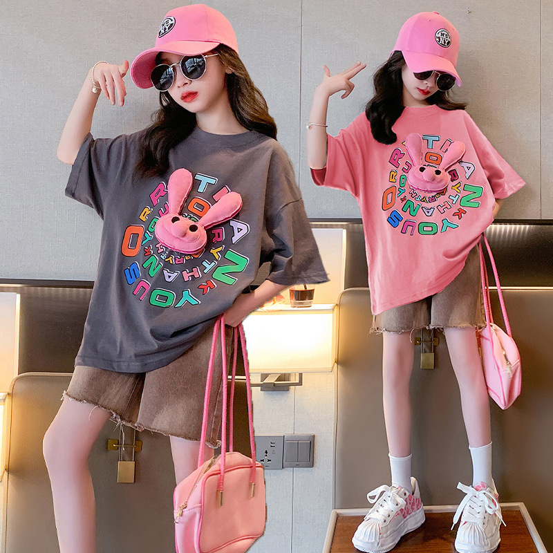 Girls Summer Suit Short-Sleeved 2025 New Big Kidsren's Clothing Fashionable Summer Sports Summer Kidsren's Internet Celebrity Summer Clothing