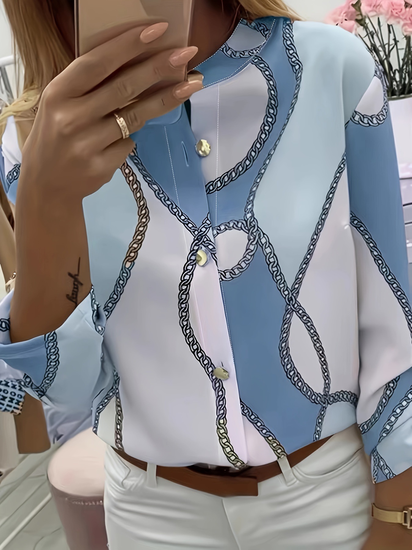 Picture of 2019 European and American wish Amazon autumn and winter chain Printed Lapel long sleeve shirt women's spot