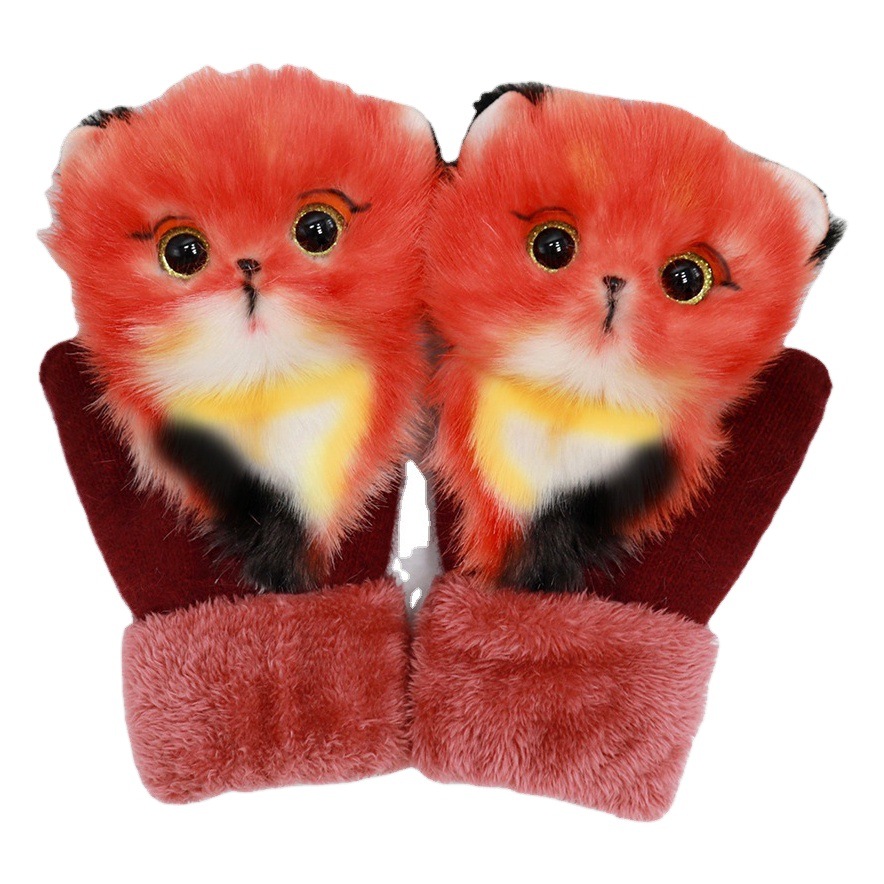 Factory cartoon animal plush gloves winter warm finger rabbit fur knitted lady cute gloves foreign trade Wholesale
