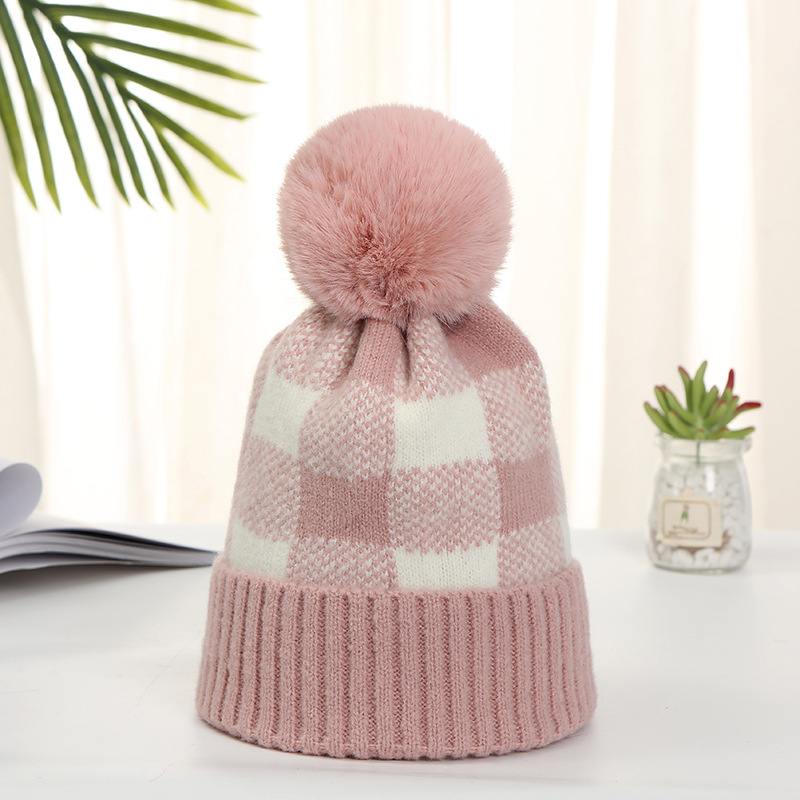 Picture of Korean Style Women's Autumn and Winter Warm Hat with Artistic Plaid Design, Rabbit Fur Pom-Pom, Fashionable Knitted Hat with Artistic Flair