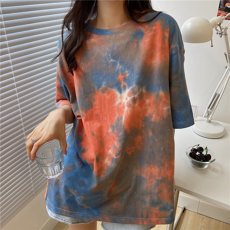 New Tie-dyed Hong Kong Style Short-sleeved Women's 2022 Popular Harajuku Style High Street Loose American Large Size Student T-shirt Trendy
