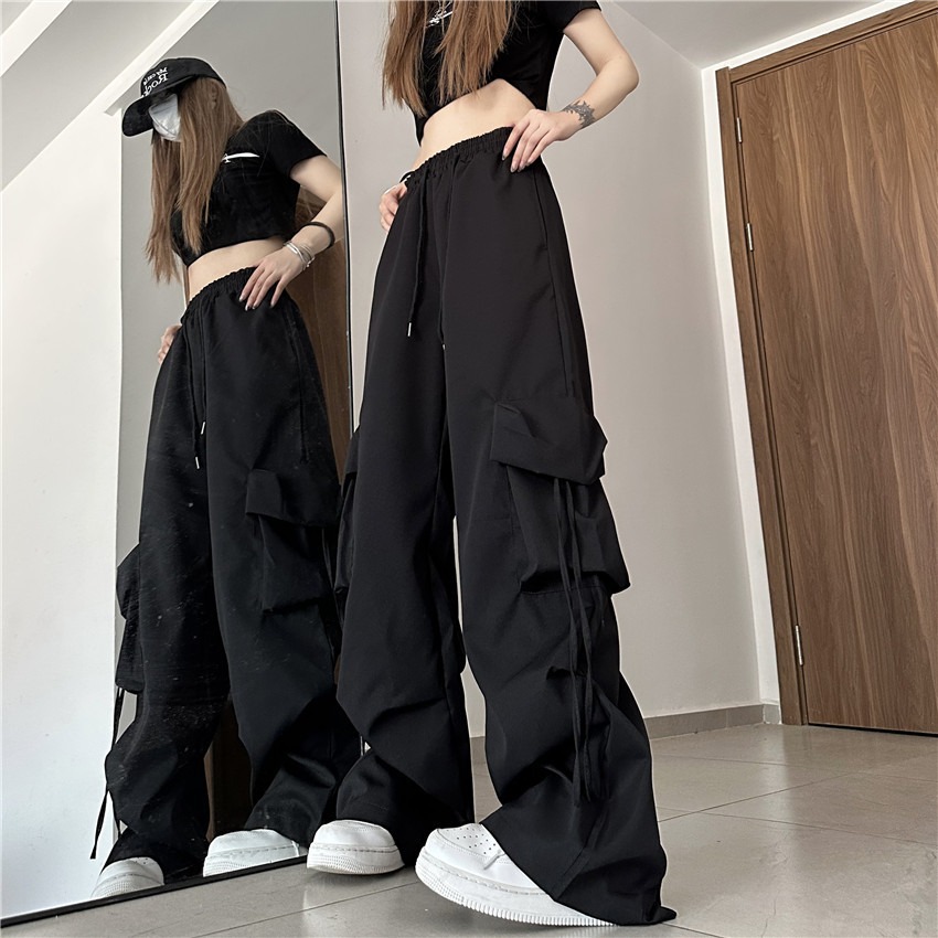 Picture of American retro quick-drying overalls women's three-dimensional pocket high waist straight wide leg ribbon loose casual mopping trousers