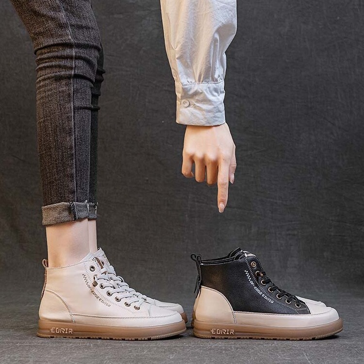 First-Layer Cowhide Fashionable Elastic Band Pregnant Mother's Shoes Versatile High-Top Sneakers 2024 Casual Sports Shoes