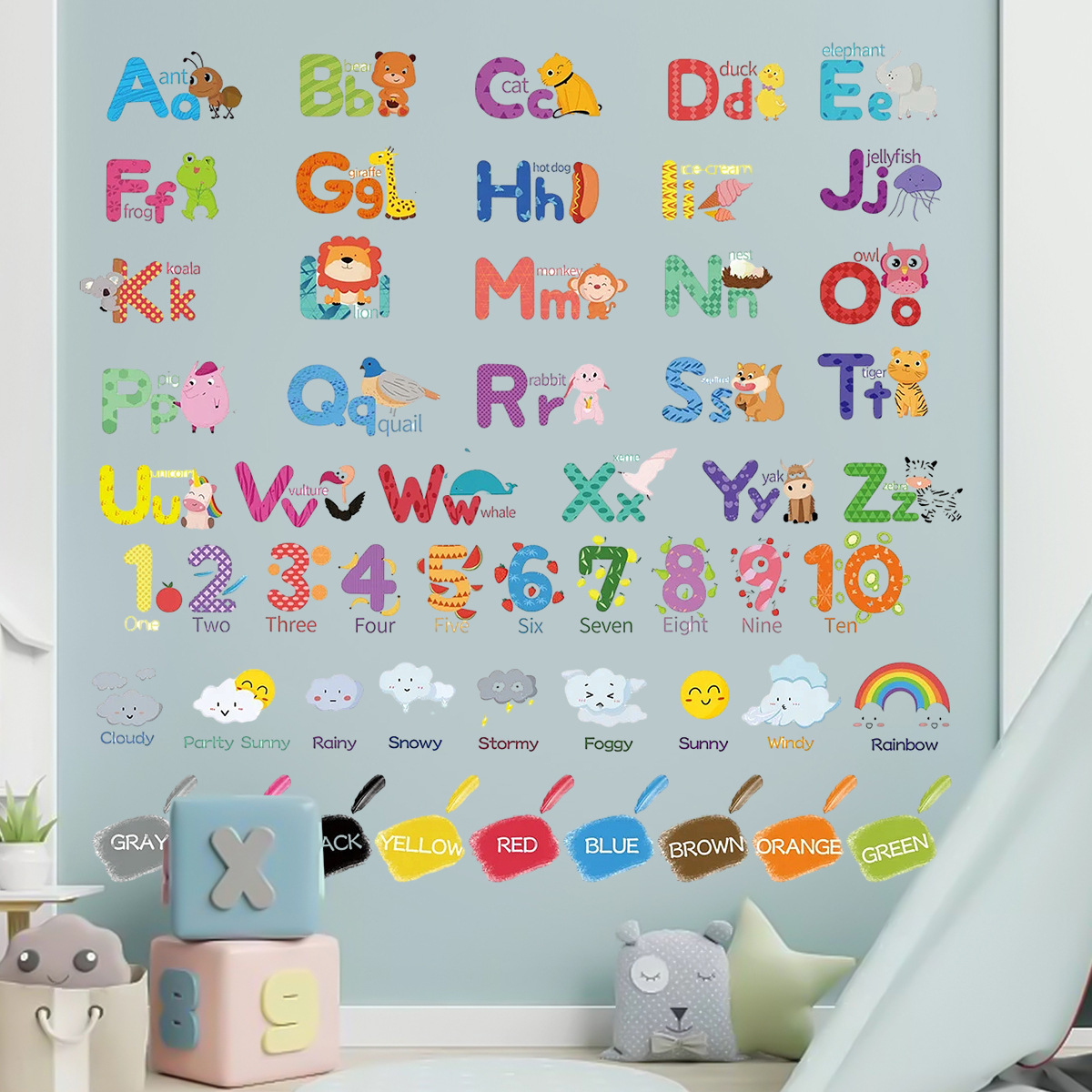 Digital english letters enlightenment cognitive wall stickers cartoon animal children's bedroom stickers decorative wallpaper STF118