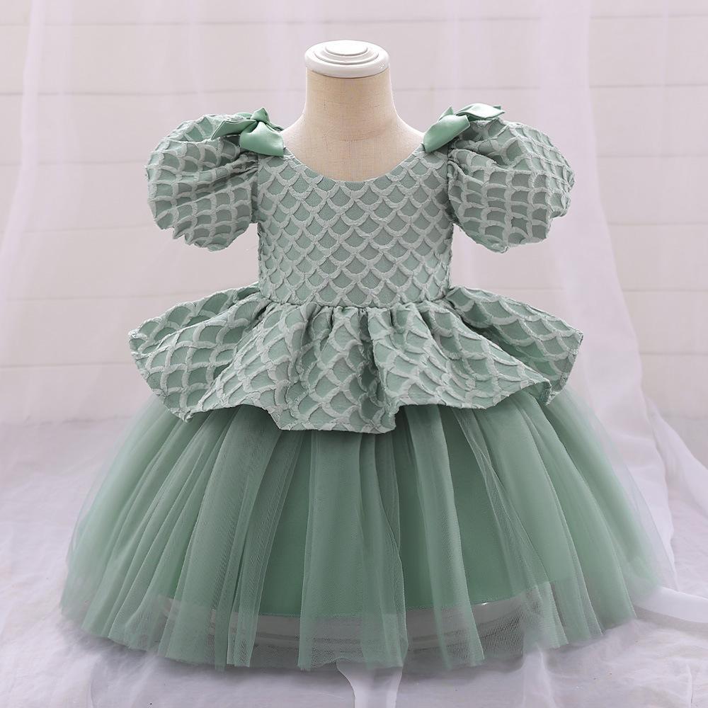 Amazon New Baby's Birthday Puff Sleeve Pleated Mesh dress Baby Dress Princess Dress