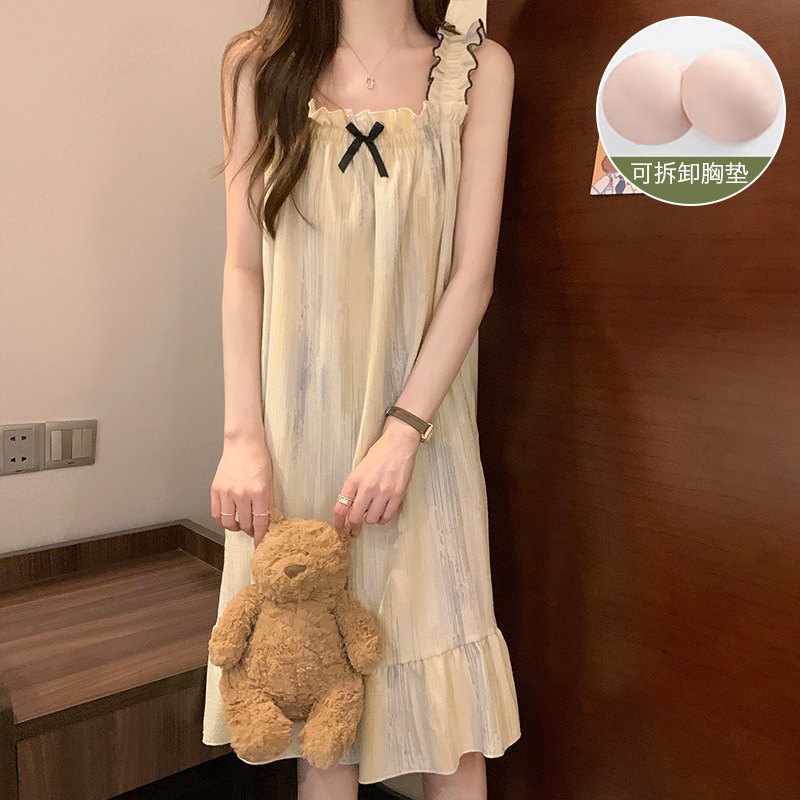Nightdress Summer with Chest Pad Detachable Sweet Sling Pajamas Foam Girl's Dress Loose Home Clothes