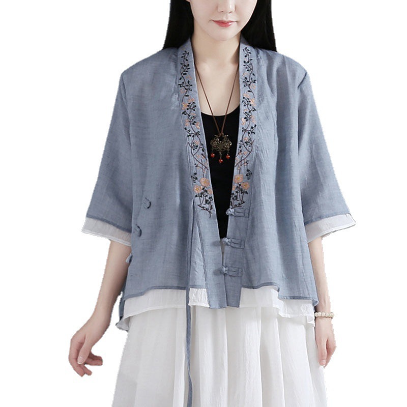 Picture of Cotton and Linen Half Sleeve Shirt Women's 2024 Summer New V-Neck Embroidered Artistic Complex Elegant Middle Sleeve Cardigan Shirt