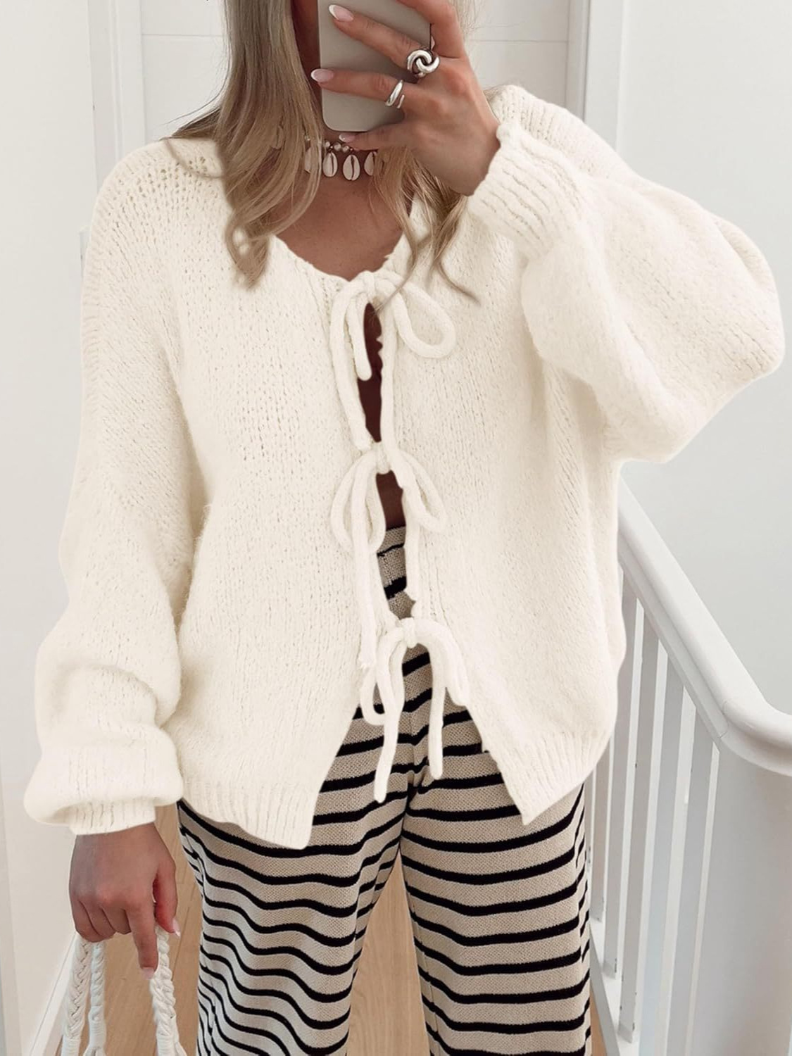2025 cross-border Amazon foreign trade hot sale autumn and winter new casual simple bow lace-up solid color sweater cardigan