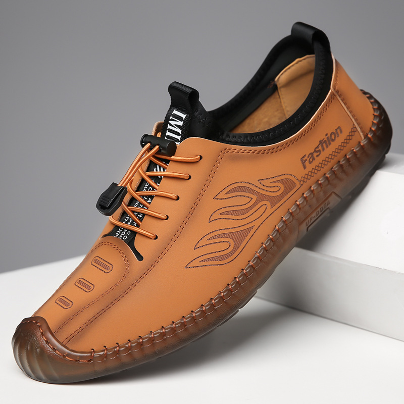 Cross-Border Men's Shoes, Spring and Autumn Tendon-Soled Slip-Ons, Soft-Soled, Soft-Surface Lace-Up Casual Leather-Covered Beanie Shoes