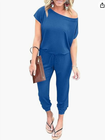 Picture of 2024 European and American Cross-border Spring and Summer Fashion Slanted Shoulder Short-sleeved Flap Pocket Pants Women's Jumpsuit