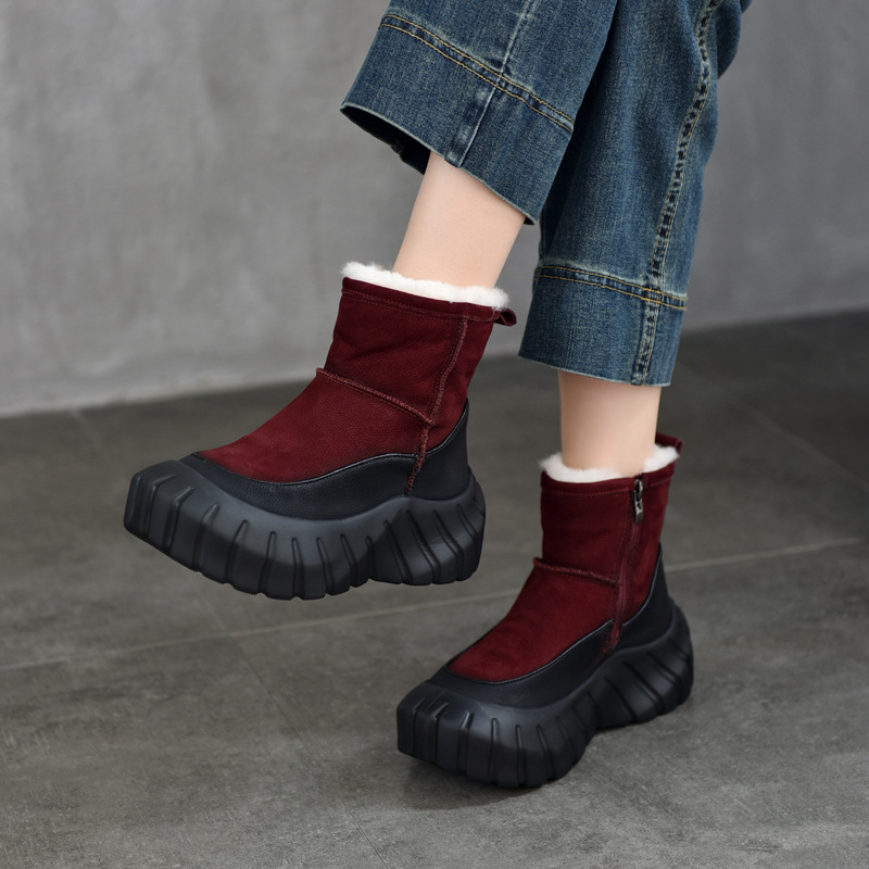 Top Layer Cowhide Side Zipper Thick Bottom Boots Short Boots Vintage Colorblock Thick Warm Leather Cotton Shoes Women's Snow Boots