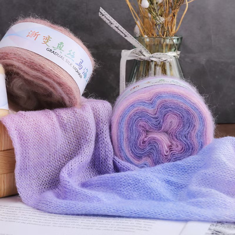 Cross-border wholesale silk gradient fine mahair long dyed cake line 100g group hand knitted sweater coat line