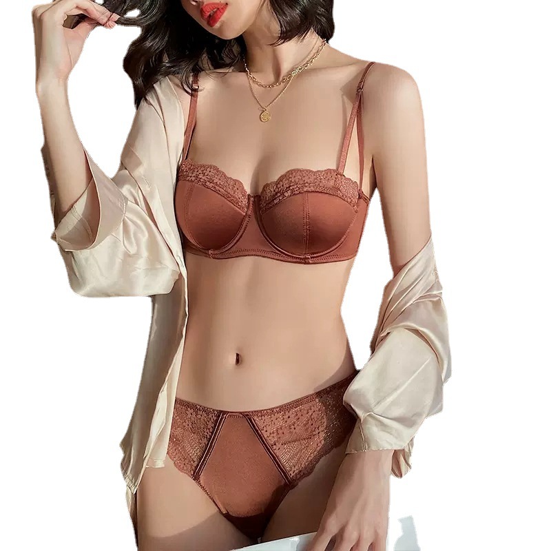 Picture of 2022 Foreign Trade Sexy Glossy Lace Trim French Style Bra Set Thin Large Bust Minimizing Lingerie for Women Push-Up Minimizing
