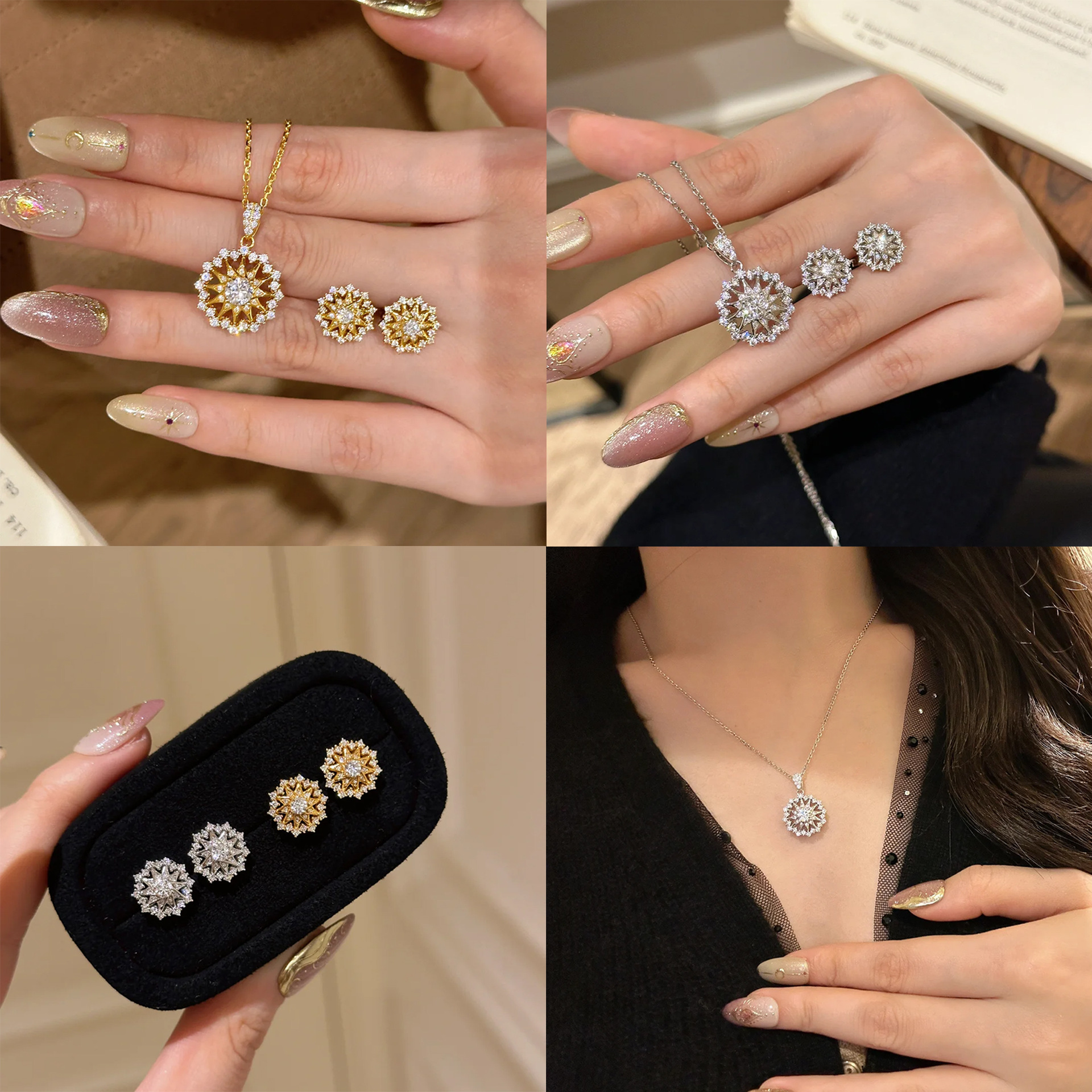 French Retro Diamond Sun Star Pendant Light Luxury Snowflake Compass Necklace Super Flash Snowflake Star Disc Earrings suit