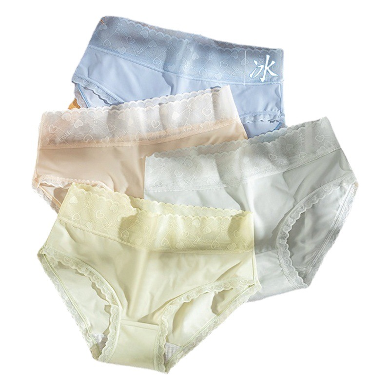 Ice Silk Traceless Underwear Women's Lace Mid-waist Pure Cotton Anti-bacterial Crotch Japanese Style Girl's Comfortable and Breathable Thin Briefs