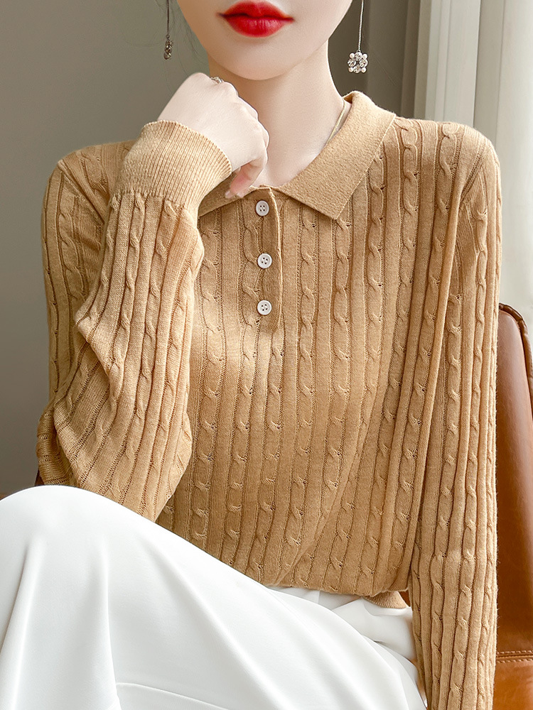 Twist Doll Collar Base Sweater Design Lapel Long Sleeve Knitted Sweater Women's Loose Polo Collar Knitted Top