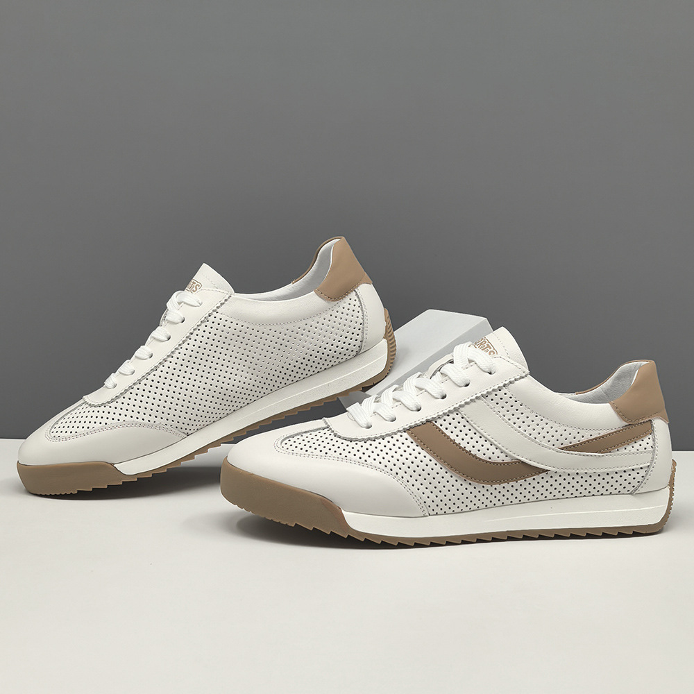 Genuine Leather Hollow-out Breathable Sneakers Men's Fashionable All-match Shoes European Station Men's White Shoes Summer Casual Shoes for Men