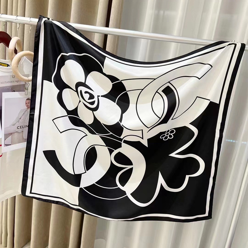 Square Scarf 2023 New Women's High-end Silk Black and White Camellia Square Shawl Printed Gift Scarf