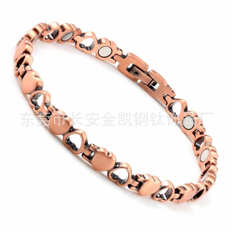 Manufacturer Specializes in Titanium Steel Bracelets with Double Heart Magnets, Antique Red Copper, Fashionable Women's Trendy Chains