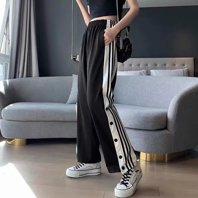 Slit Wide-Leg Pants for Women, Summer Thin Straight-Leg Side-Breasted Sweatpants, Loose Slimming Versatile Basketball Casual Pants